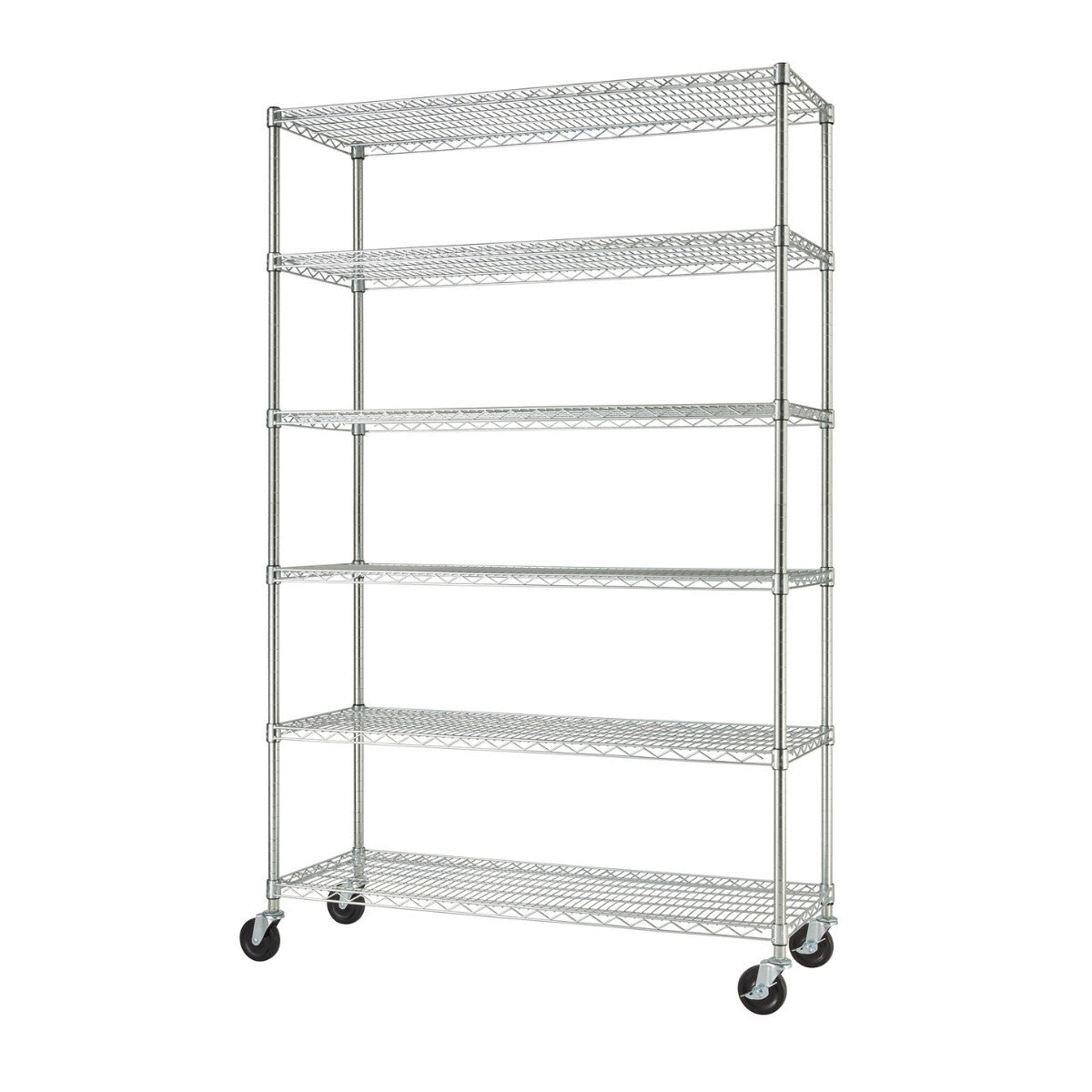 A silver, six-tier wire shelving rack stands tall. It features wheels at the base for mobility.