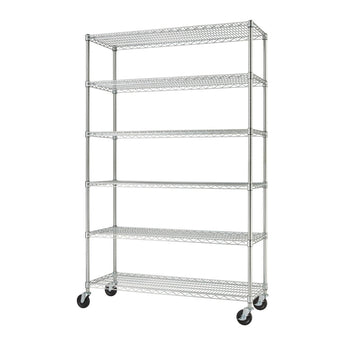 A six-tier metal wire shelving unit with caster wheels for mobility. The shelves are evenly spaced and made of chrome-plated wire mesh, ideal for storage or organization.
