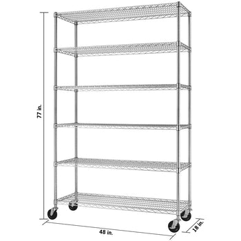 A chrome wire shelving unit with six tiers and wheels is shown against a white background. The dimensions are indicated as 77 inches tall, 48 inches wide, and 18 inches deep.