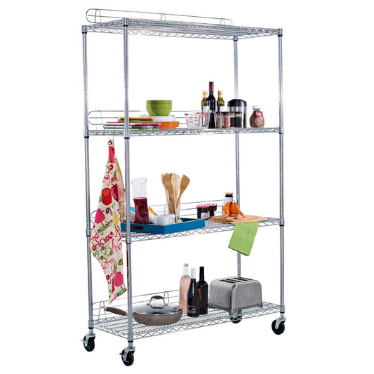 A four-tier wire shelving rack with wheels. The chrome-finished rack is shown against a white background and is stocked with various household items on each of its shelves.