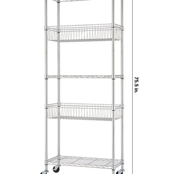 A tall, five-tier chrome shelving unit with two pull-out wire baskets is shown against a white background. The unit has wheels and dimensions labeled: 75.5 inches high, 30 inches wide, and 14 inches deep.