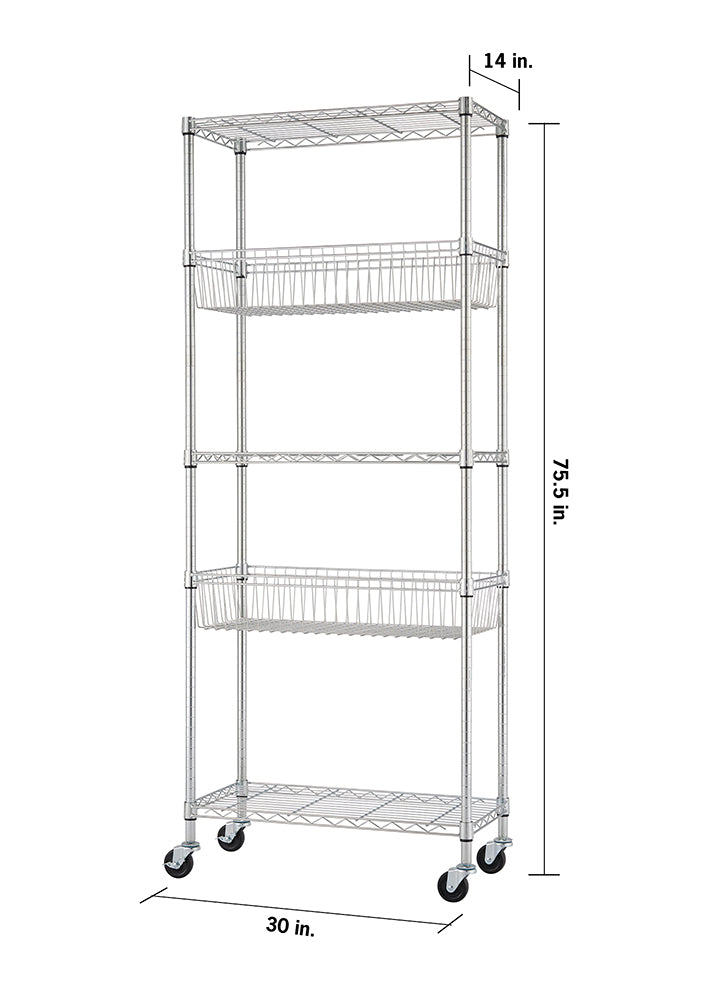 A tall, five-tier chrome shelving unit with two pull-out wire baskets is shown against a white background. The unit has wheels and dimensions labeled: 75.5 inches high, 30 inches wide, and 14 inches deep.
