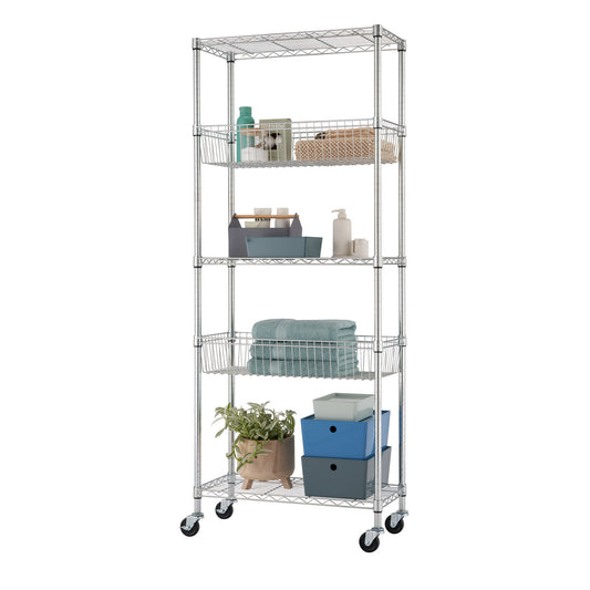 A chrome wire shelving unit with five tiers is shown against a white background. The shelves hold various items including baskets, towels, and plants, and the unit is on wheels.