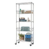 A chrome wire shelving unit with five tiers is shown against a white background. The shelves hold various items including baskets, towels, and plants, and the unit is on wheels.