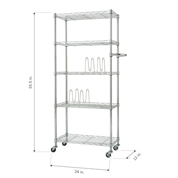 A five-shelf chrome wire shelving unit on wheels is shown with dimensions of 55.5 inches in height, 24 inches in width, and 12 inches in depth. Two wire pot lid organizers are visible on the middle shelves, and a handle extends from the top right side.