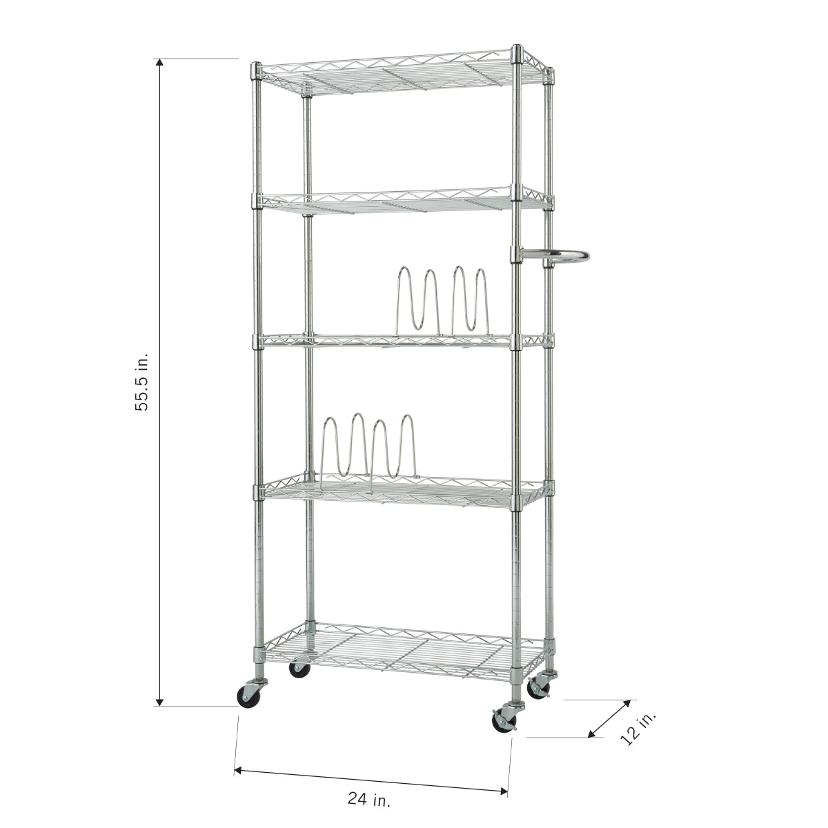 A five-shelf chrome wire shelving unit on wheels is shown with dimensions of 55.5 inches in height, 24 inches in width, and 12 inches in depth. Two wire pot lid organizers are visible on the middle shelves, and a handle extends from the top right side.