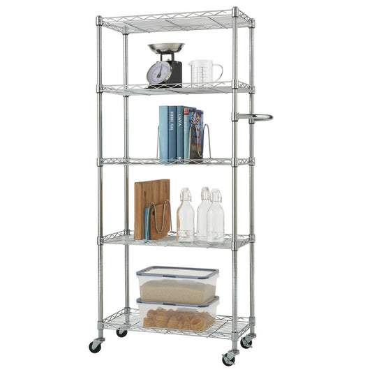 A tall, five-tier wire shelving unit on wheels is shown against a white background. The shelves hold various household items, including a kitchen scale, books, cutting boards, and storage containers.