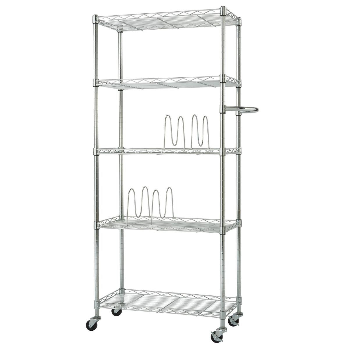 A 5-tier wire pantry rack with 4 wire dividers, a side handle, and 4 swivel wheels.