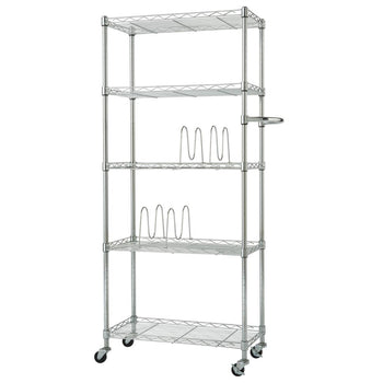 A 5-tier wire pantry rack with 4 wire dividers, a side handle, and 4 swivel wheels.