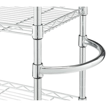 A close-up of a Trinity Basics EcoStorage 5-Tier Pantry Rack. It highlights the chrome finish and the curved handle on the side.