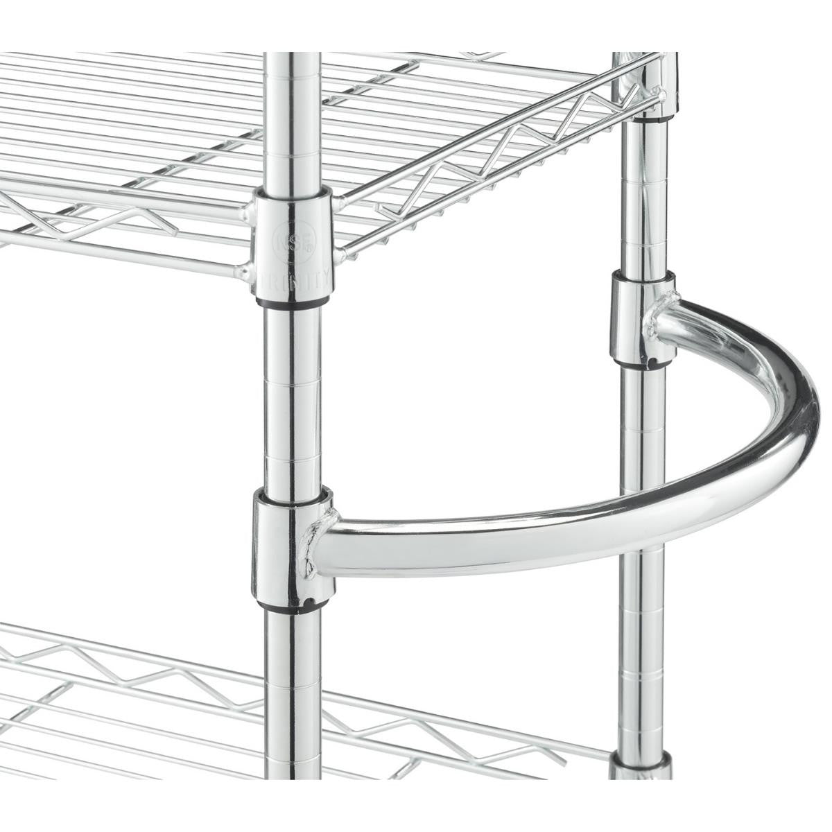 A close-up shows a detail of a chrome wire shelving unit. A curved chrome bar is attached to two vertical poles, likely serving as a handle or side support.