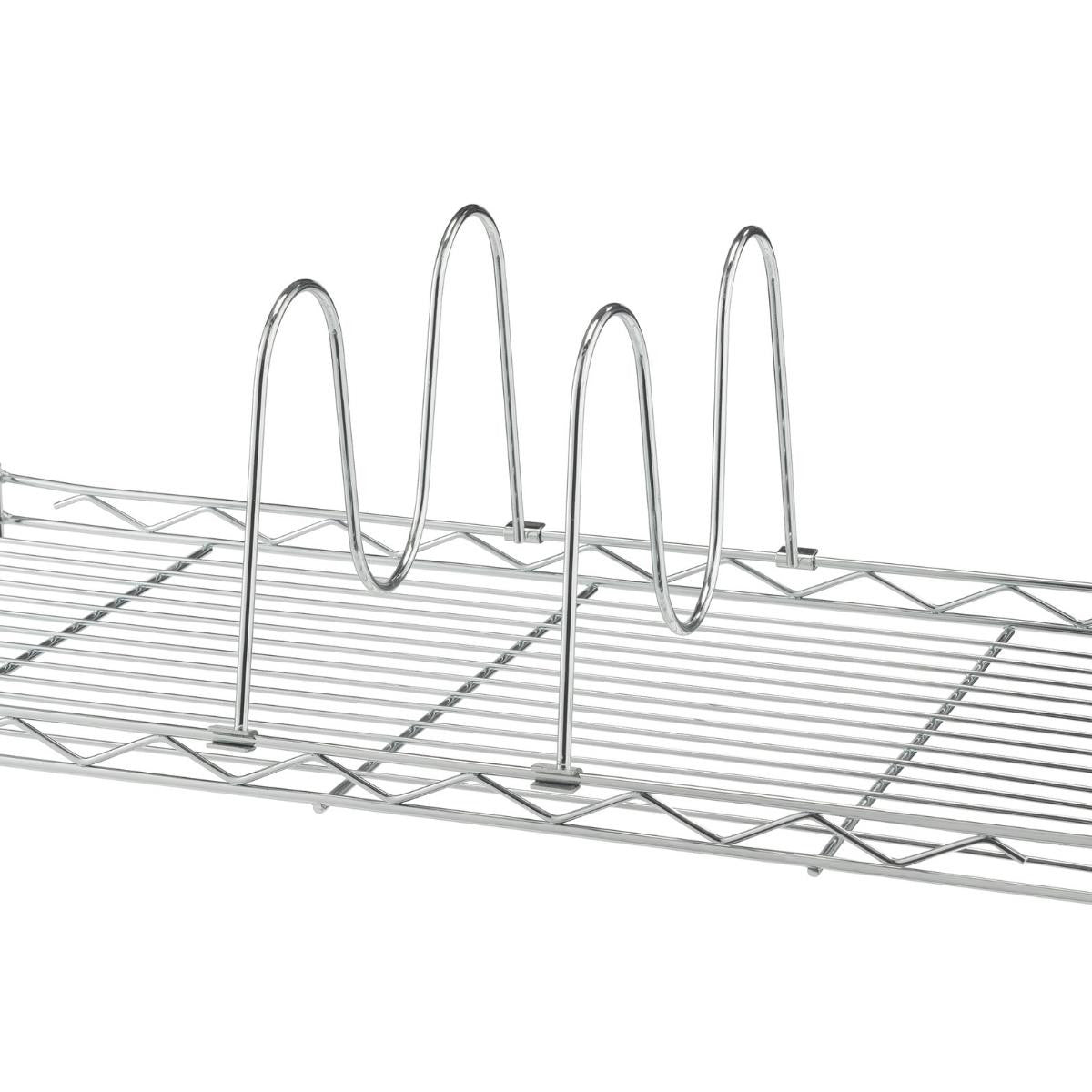A close-up shows 2 of 4 w-shape wire dividers on a section of a chrome wire shelving unit. The wavy chrome dividers stand upright on one of the shelves, designed to organize items.
