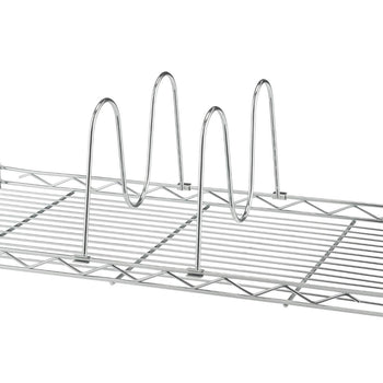 A close-up shows 2 of 4 w-shape wire dividers on a section of a chrome wire shelving unit. The wavy chrome dividers stand upright on one of the shelves, designed to organize items.