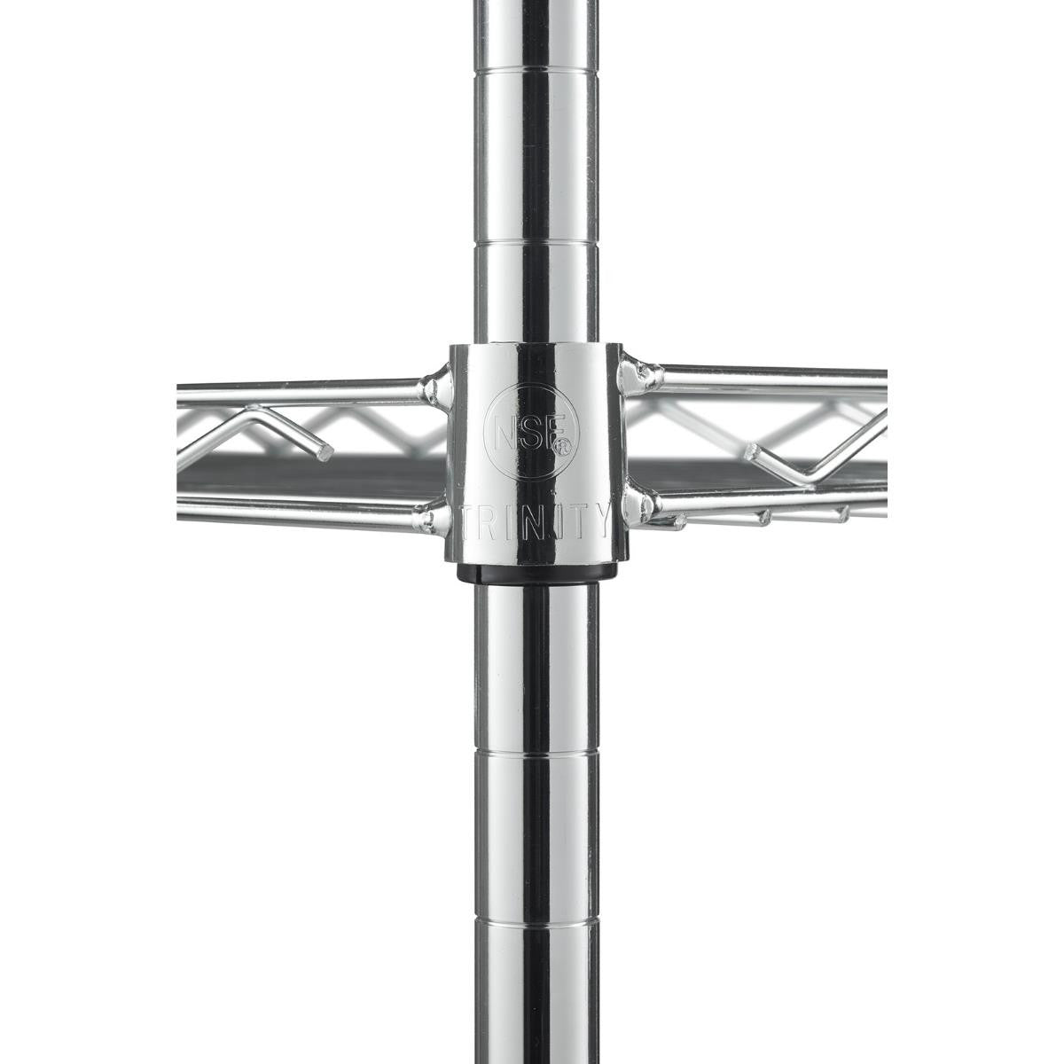 Close-up view of a chrome wire shelving unit's pole and shelf connection. A black plastic sleeve with the "NSF" logo and "TRINITY" text secures the wire shelf to the grooved metal pole.