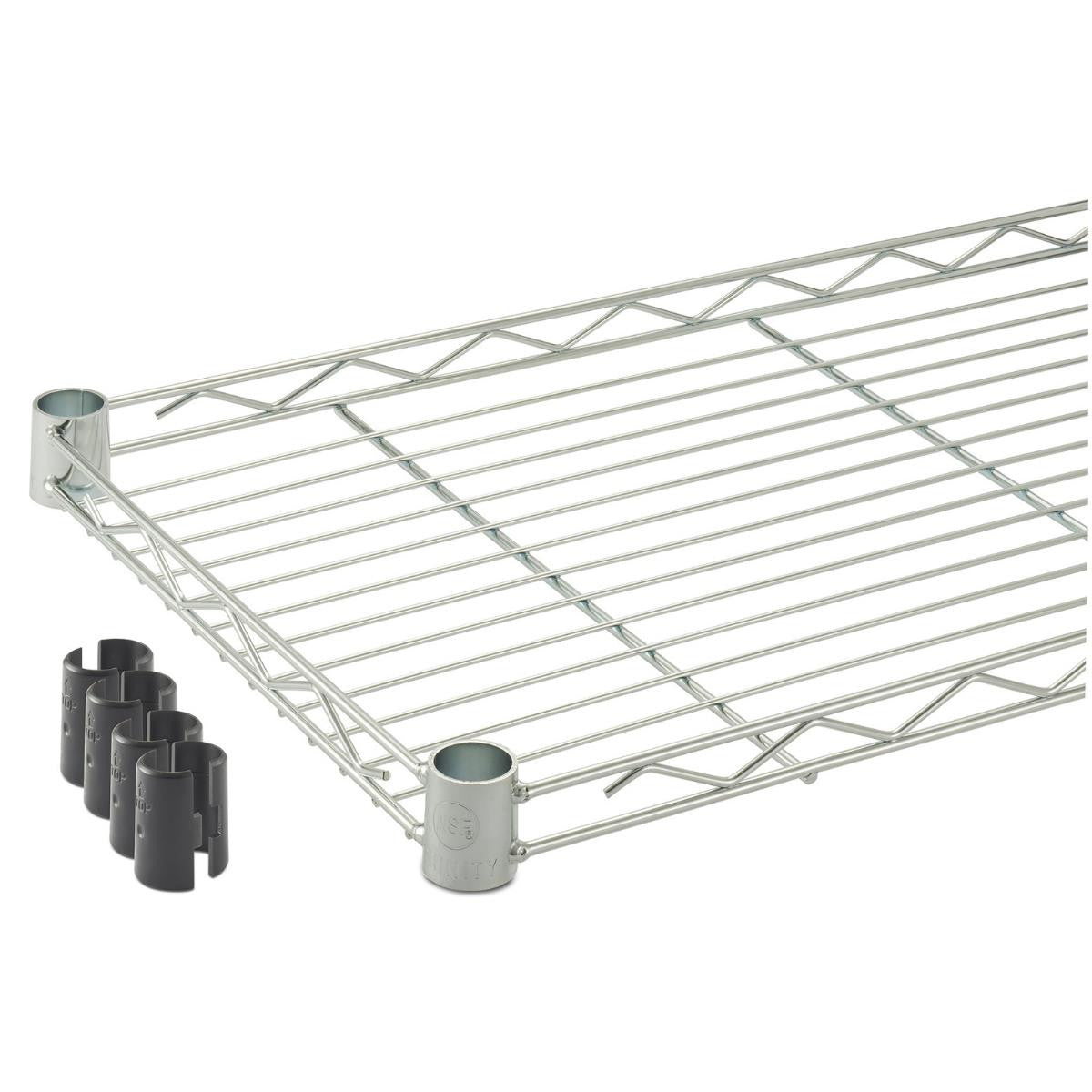 A close-up of a Trinity Basics EcoStorage 5-Tier Pantry Rack shelf, showcasing its wire construction and components. The chrome shelf includes 4 pairs of black slip sleeves.
