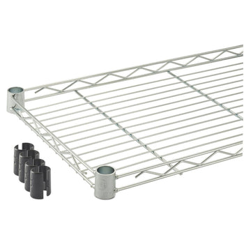 A close-up of a Trinity Basics EcoStorage 5-Tier Pantry Rack shelf, showcasing its wire construction and components. The chrome shelf includes 4 pairs of black slip sleeves.