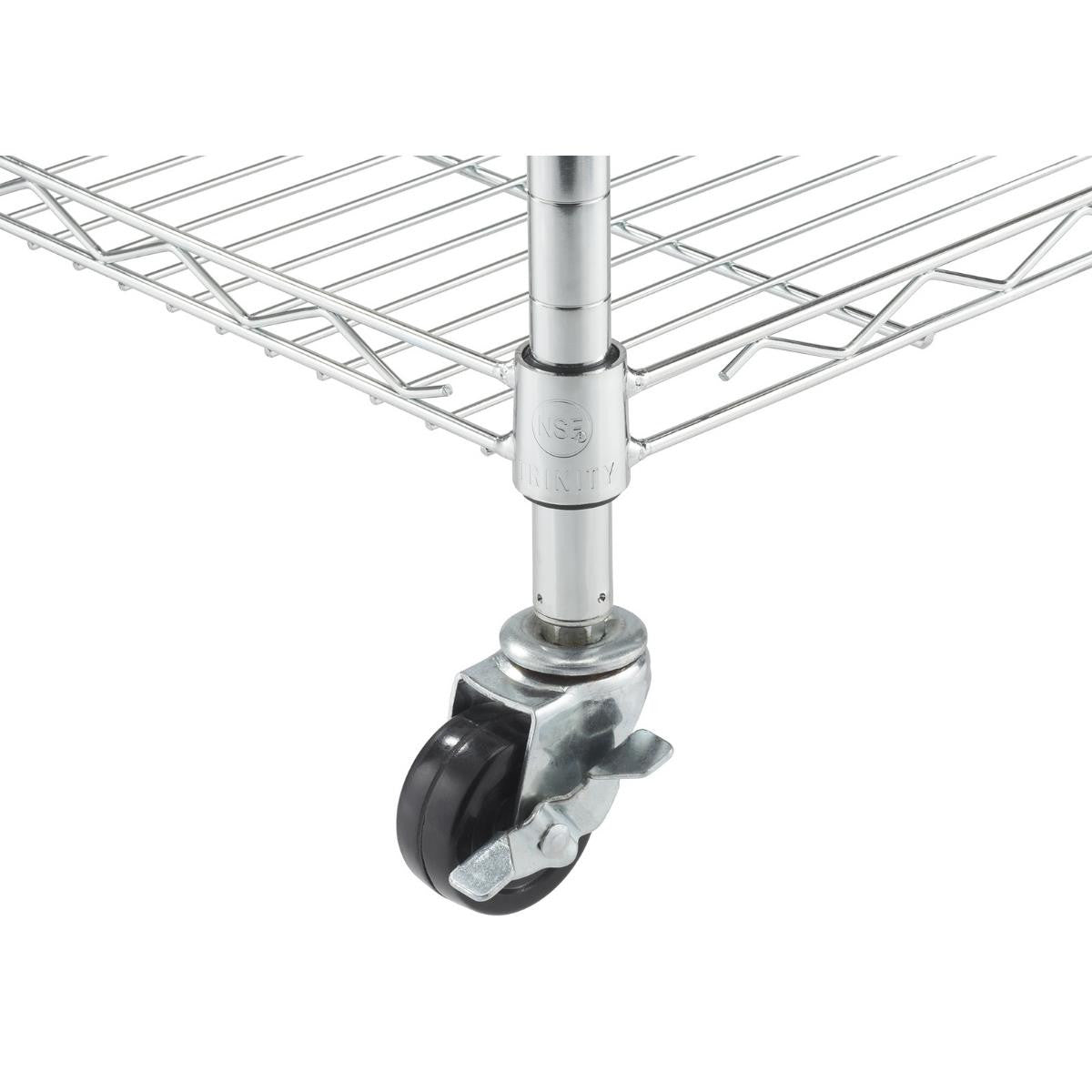 A close-up shows the bottom corner of a chrome wire shelving unit. The image focuses on a black caster wheel with a silver brake attached to a silver pole supporting the wire shelves above.