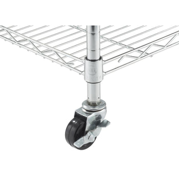 A close-up shows the bottom corner of a chrome wire shelving unit. The image focuses on a black caster wheel with a silver brake attached to a silver pole supporting the wire shelves above.