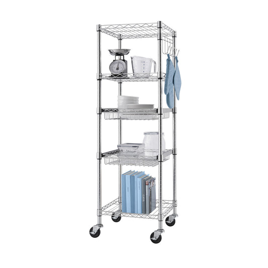 A Trinity EcoStorage 5-Tier Square Rack. The rack is chrome and features five tiers with various items stored on them, including a scale, measuring cup, plates, baskets, and books.