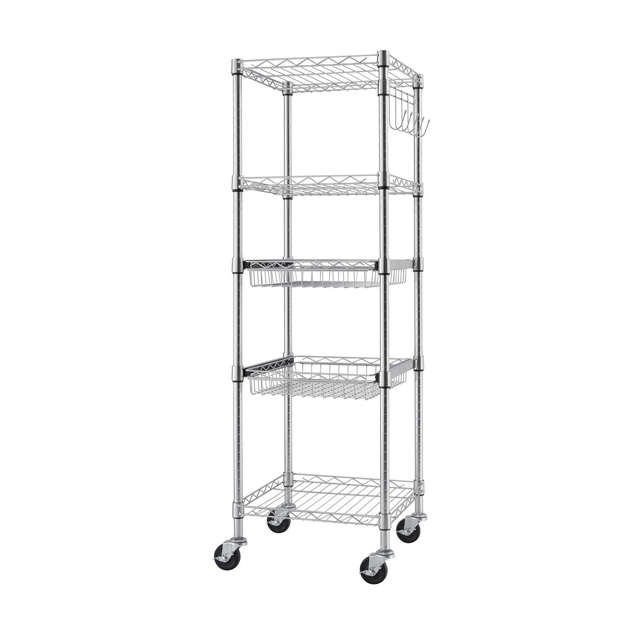 A tall, chrome wire shelving unit with five square tiers stands on a white background. The unit has four wire shelves and two wire baskets, with black wheels at the base and a set of hooks attached to one side.