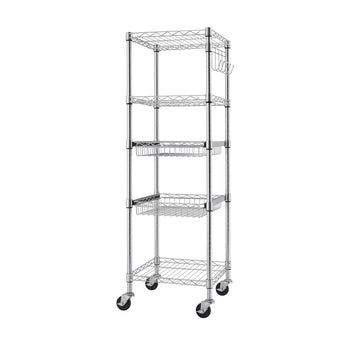 A tall, chrome wire shelving unit with five square tiers stands on a white background. The unit has four wire shelves and two wire baskets, with black wheels at the base and a set of hooks attached to one side.