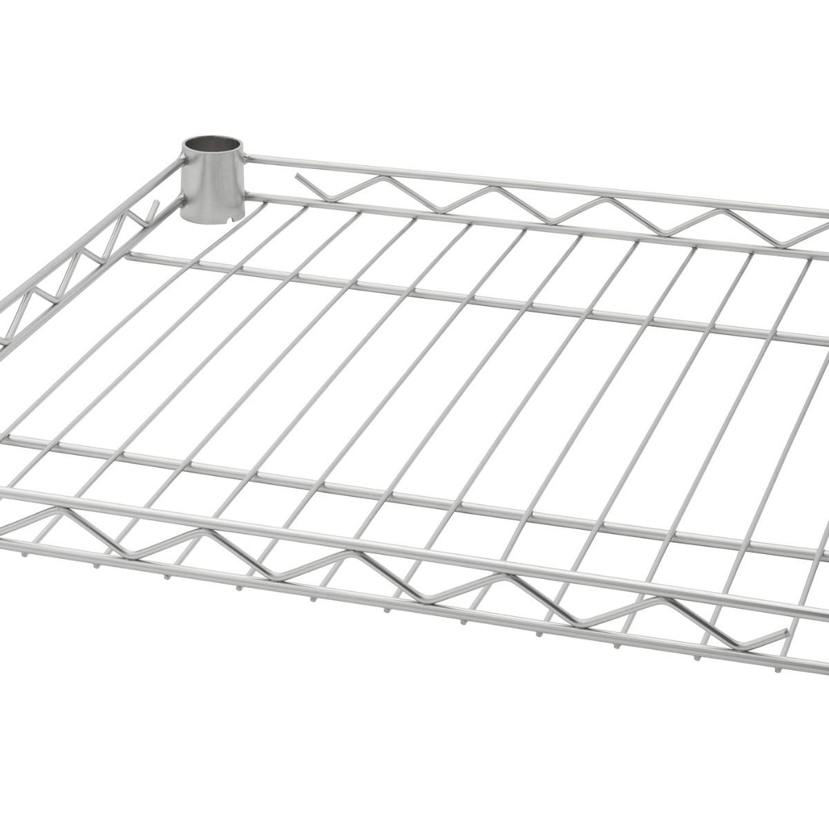 A close-up view of a Trinity EcoStorage® 5-Tier Commercial Square Rack, showcasing its wire shelving and metal construction. The rack appears to be sturdy and designed for commercial use.