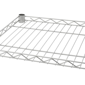 A close-up view of a Trinity EcoStorage® 5-Tier Commercial Square Rack, showcasing its wire shelving and metal construction. The rack appears to be sturdy and designed for commercial use.
