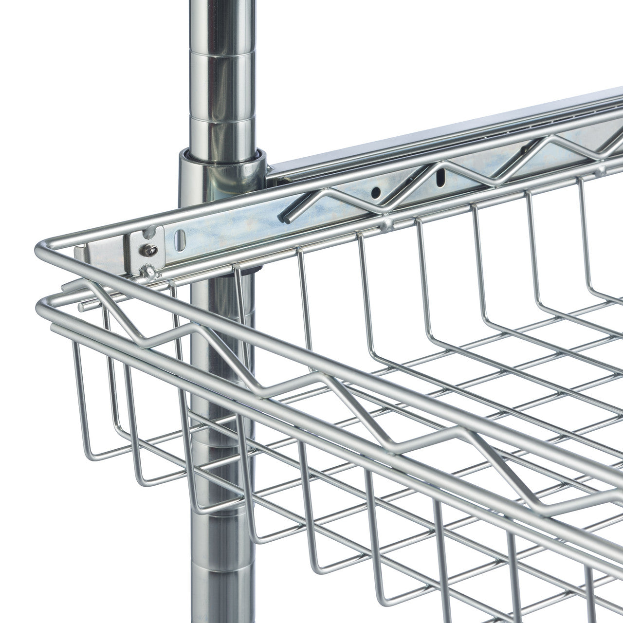 A close-up view shows a section of a Trinity EcoStorage 5-Tier Commercial Square Rack. The rack features a wire basket attached to a chrome pole.