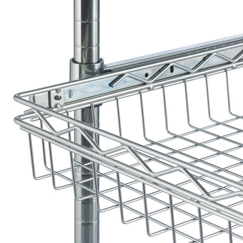 A close-up view shows a section of a Trinity EcoStorage 5-Tier Commercial Square Rack. The rack features a wire basket attached to a chrome pole.