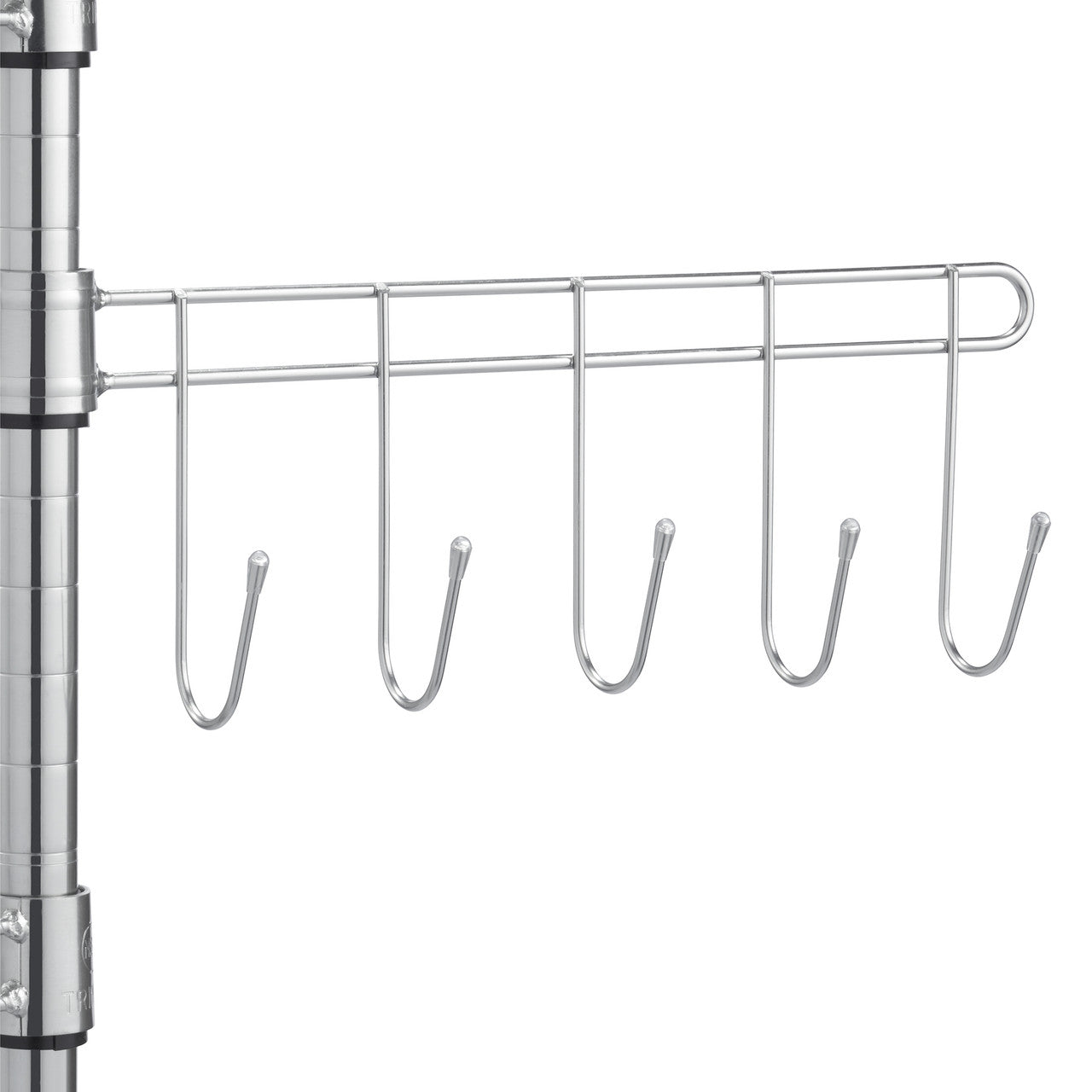 A close-up shows a chrome wire rack with five J-shaped hooks hanging from it. The rack is attached to a chrome pole on the left side of the frame.