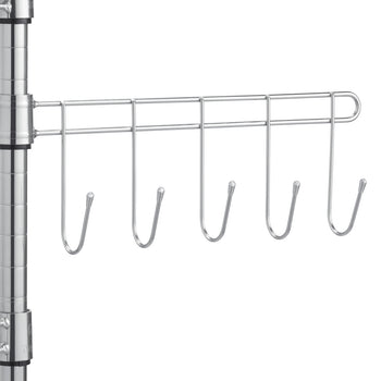 A close-up shows a chrome wire rack with five J-shaped hooks hanging from it. The rack is attached to a chrome pole on the left side of the frame.