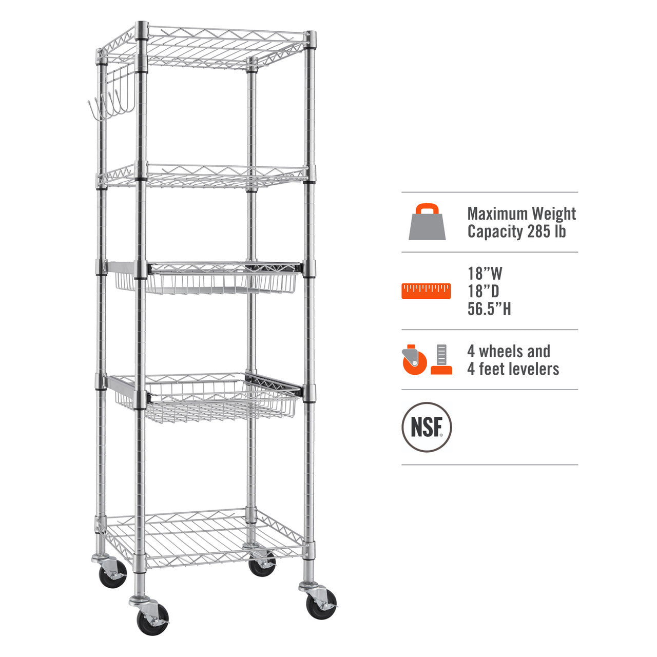 A five-tier chrome wire shelving unit with four wheels is shown against a white background. To the right, icons and text describe the rack's maximum weight capacity of 285 lbs, dimensions of 18"W x 18"D x 56.5"H, and inclusion of four wheels and four adjustable leveler feet.