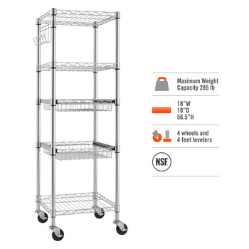A five-tier chrome wire shelving unit with four wheels is shown against a white background. To the right, icons and text describe the rack's maximum weight capacity of 285 lbs, dimensions of 18