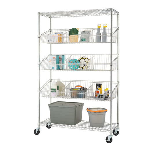 A five tier metal wire shelving unit with four shelves and caster wheels is filled with various household items, including cleaning supplies, storage bins, sports equipment, and miscellaneous containers. The wire baskets on each shelf hold neatly organized items, making the unit suitable for garage or utility room storage.