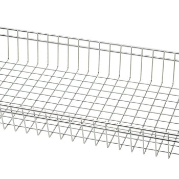 A close-up shot of a chrome wire shelving rack, featuring a grid pattern of interwoven metal wires forming the shelf surface. The rack's open design is visible, showing the linear arrangement of wires and the depth of the shelf.