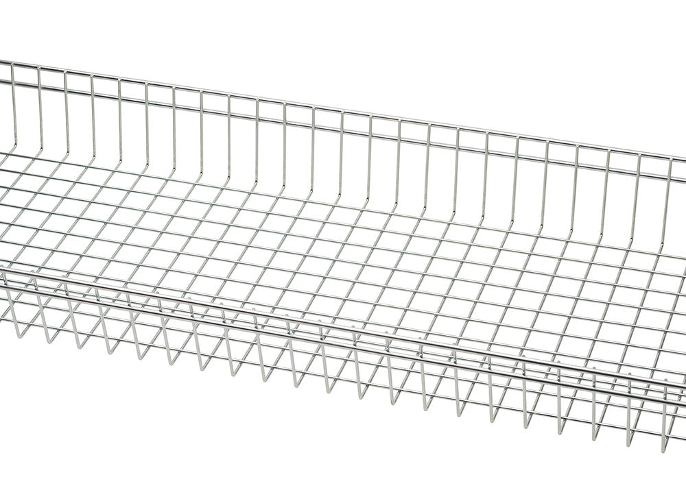 A close-up shot of a chrome wire shelving rack, featuring a grid pattern of interwoven metal wires forming the shelf surface. The rack's open design is visible, showing the linear arrangement of wires and the depth of the shelf.