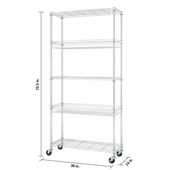 A white wire shelving unit with five tiers is displayed against a white background. The unit has wheels and includes two wire baskets on the second and fourth shelves. Dimensions are indicated with arrows: 75.5 inches tall, 36 inches wide, and 14 inches deep.