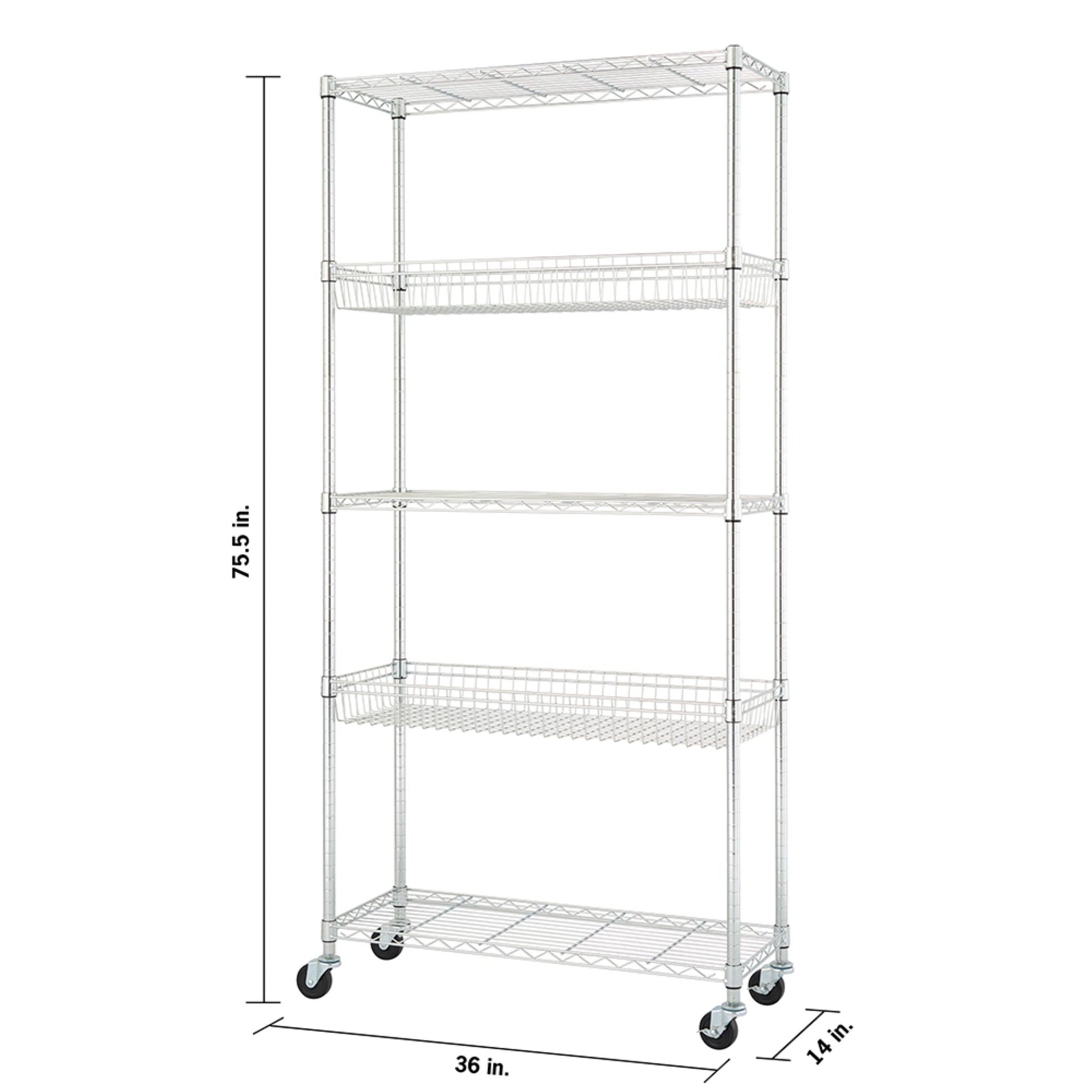 A white wire shelving unit with five tiers is displayed against a white background. The unit has wheels and includes two wire baskets on the second and fourth shelves. Dimensions are indicated with arrows: 75.5 inches tall, 36 inches wide, and 14 inches deep.