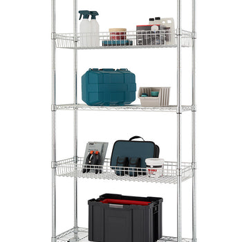 A silver, 5-tier wire shelving rack with wheels on a white background. Each shelf holds various items, including spray bottles, toolboxes, and containers. The rack is evenly lit and centered in the frame.