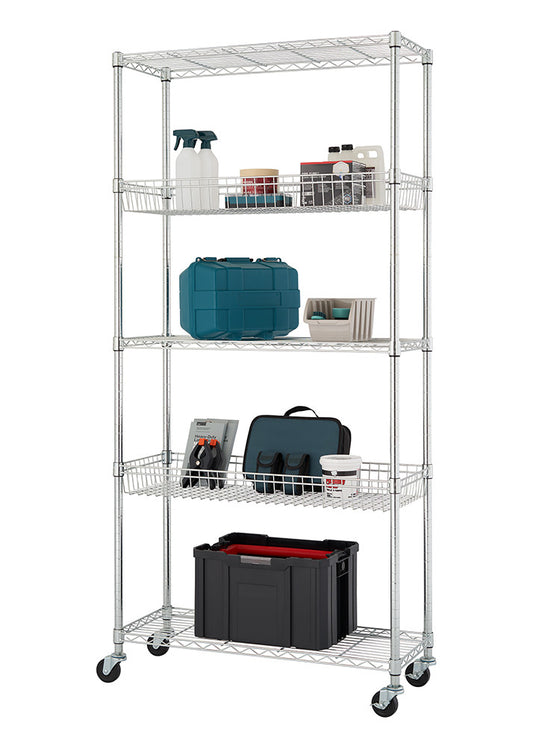 A silver, 5-tier wire shelving rack with wheels on a white background. Each shelf holds various items, including spray bottles, toolboxes, and containers. The rack is evenly lit and centered in the frame.