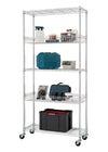 A silver, 5-tier wire shelving rack with wheels on a white background. Each shelf holds various items, including spray bottles, toolboxes, and containers. The rack is evenly lit and centered in the frame.