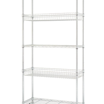 A white background studio shot of a tall, five-tiered wire shelving rack on wheels. The rack has a simple, industrial design and includes two wire basket shelves.