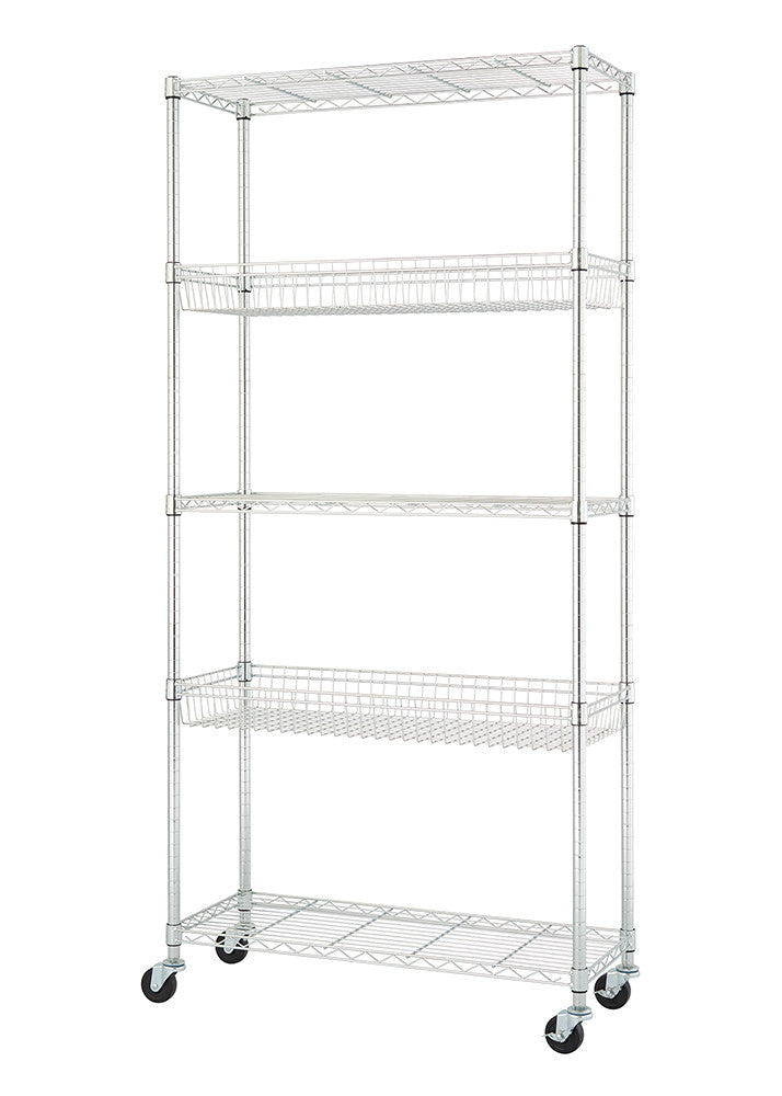 A white background studio shot of a tall, five-tiered wire shelving rack on wheels. The rack has a simple, industrial design and includes two wire basket shelves.