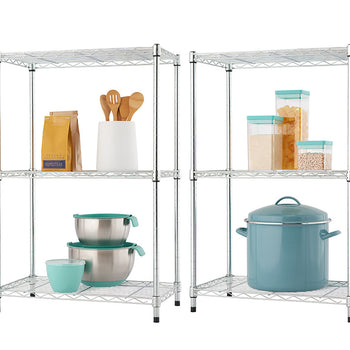 Two identical, three-tier wire shelving racks are shown side-by-side, each filled with various kitchen items. The left rack holds brown paper bags, a white utensil holder with wooden spoons, and two stainless steel bowls with a teal cup, while the right rack displays clear containers filled with grains and a large teal pot.