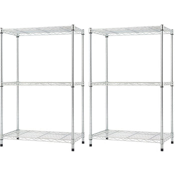 Two identical, unassembled wire shelving units are shown side-by-side against a white background. Each unit has three tiers of wire shelves and four vertical poles, with black plastic feet at the bottom of each pole. The shelves and poles are a silver metallic color.