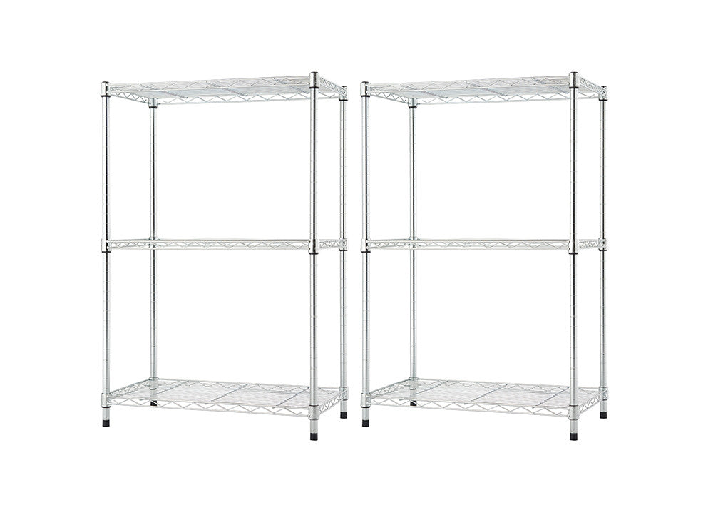 Two identical, unassembled wire shelving units are shown side-by-side against a white background. Each unit has three tiers of wire shelves and four vertical poles, with black plastic feet at the bottom of each pole. The shelves and poles are a silver metallic color.