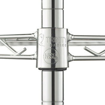 A close-up shot of a chrome wire shelving unit's post and connector, showing the 