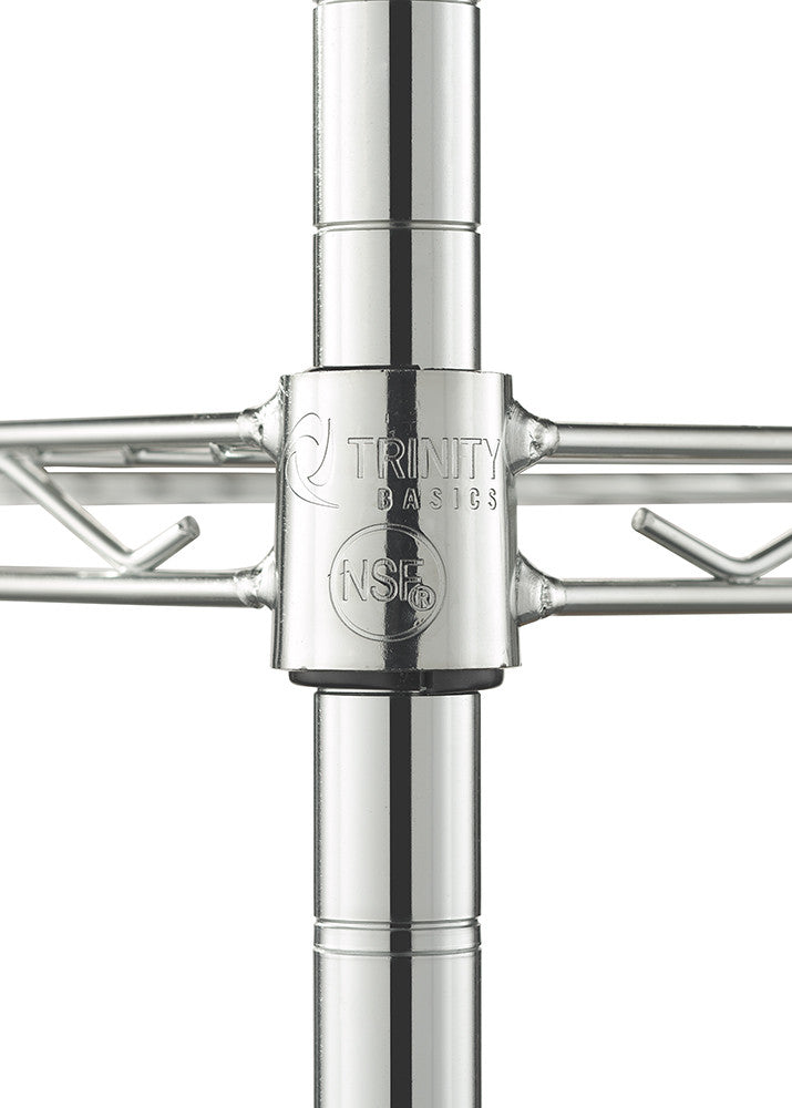 A close-up shot of a chrome wire shelving unit's post and connector, showing the "TRINITY basics" logo and NSF certification mark. The shelving unit features a grooved post design for adjustable shelf height.