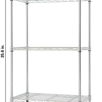 A wire shelving unit with two shelves and a hanging rod is shown from a slightly elevated, front-facing angle. The unit is silver and has dimensions labeled: 35.6 inches tall, 23.2 inches wide, and 13.4 inches deep.