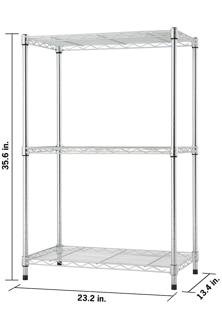 A wire shelving unit with two shelves and a hanging rod is shown from a slightly elevated, front-facing angle. The unit is silver and has dimensions labeled: 35.6 inches tall, 23.2 inches wide, and 13.4 inches deep.